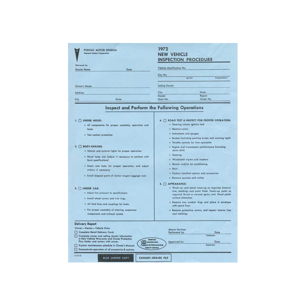 1972 Pontiac Firebird/TransAm NEW CAR VEHICLE INSPECTION SHEET  (DT0364) | DC1909F