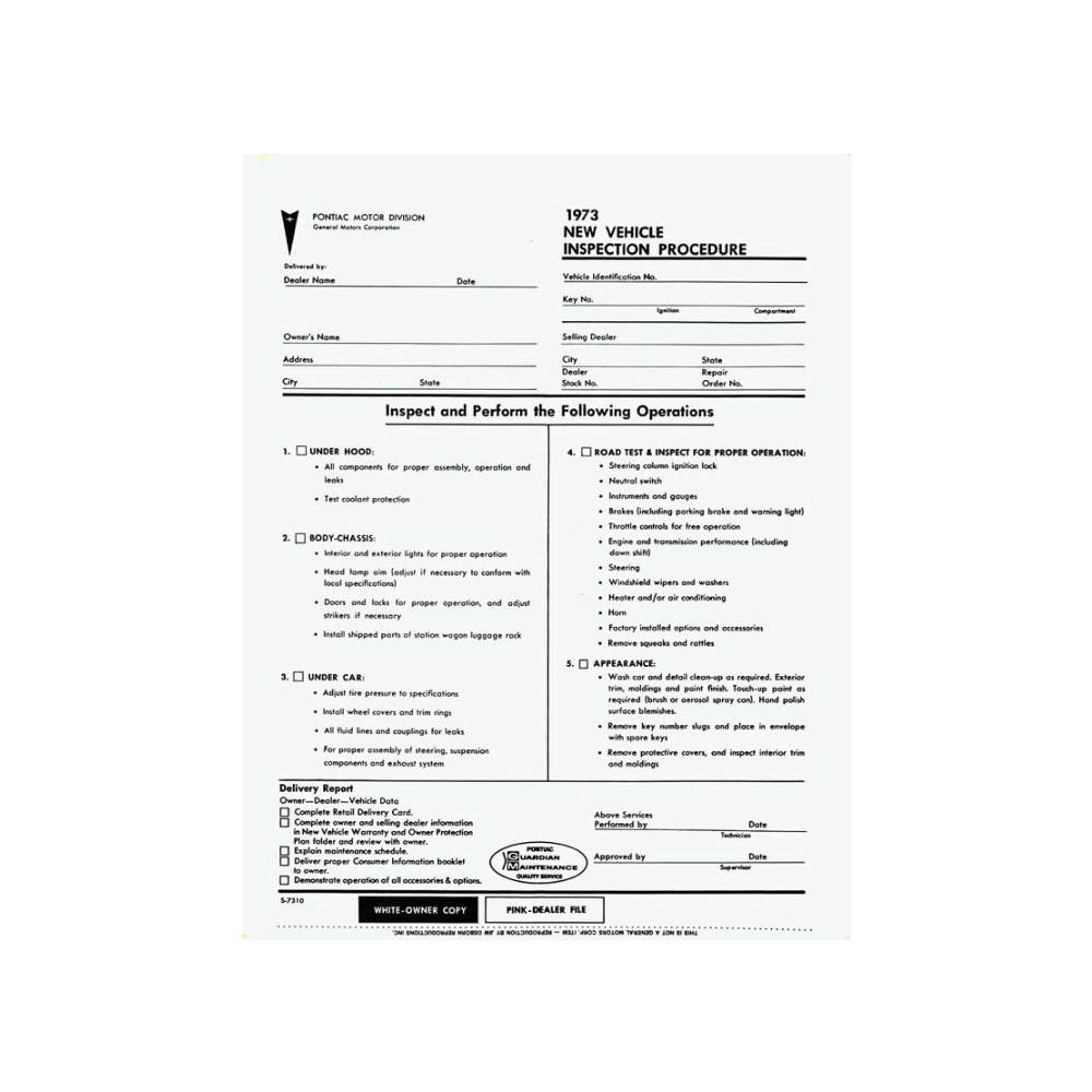1973 Pontiac Firebird/TransAm NEW CAR VEHICLE INSPECTION SHEET  (DT0377) | DC1910F
