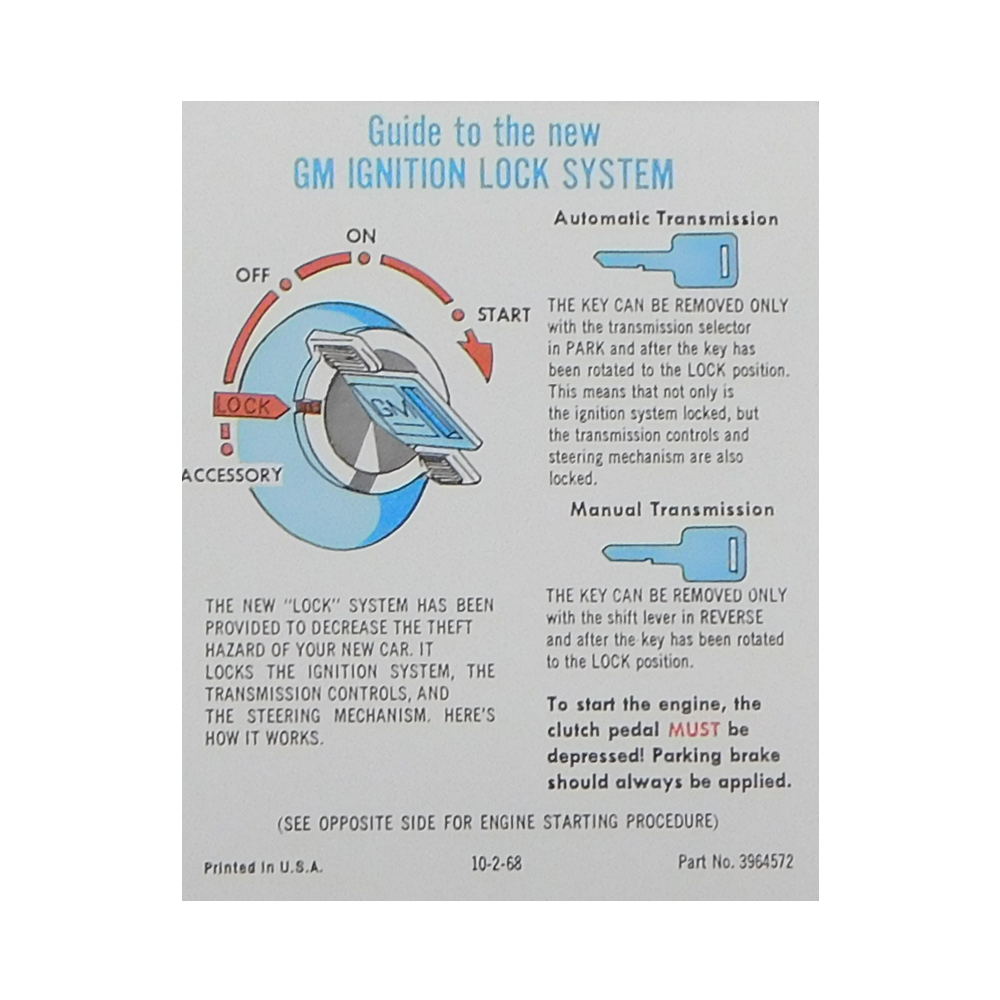 1971 Pontiac Firebird/TransAm IGNITION LOCK/STARTING INSTRUCTION SLEEVE 6