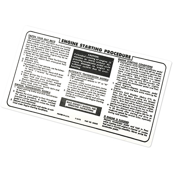 1976 Pontiac Firebird/TransAm SUN VISOR STARTING INSTRUCTION DECAL GM 345532 EACH | DT0230