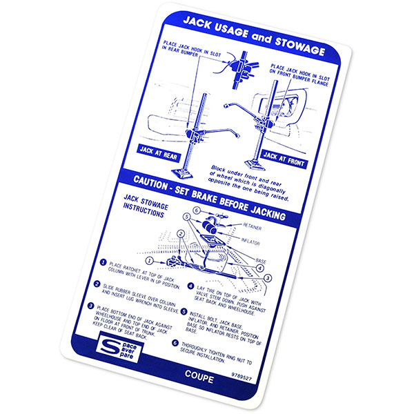 1967 Pontiac Firebird/TransAm JACK INSTRUCTIONS DECAL FIREBIRD COUPE WITH SPACE SAVER GM 9789527 EACH | DT0263