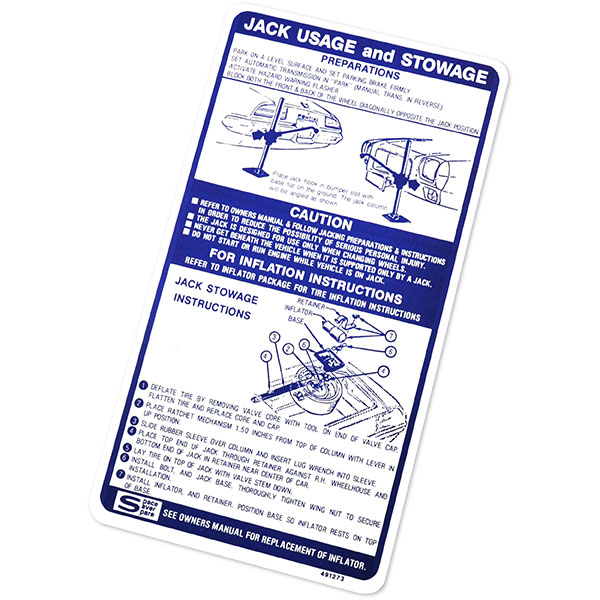1973 Pontiac Firebird/TransAm JACK INSTRUCTIONS FIREBIRD WITH SPACE SAVER DECAL GM 491273 EACH | DT0379