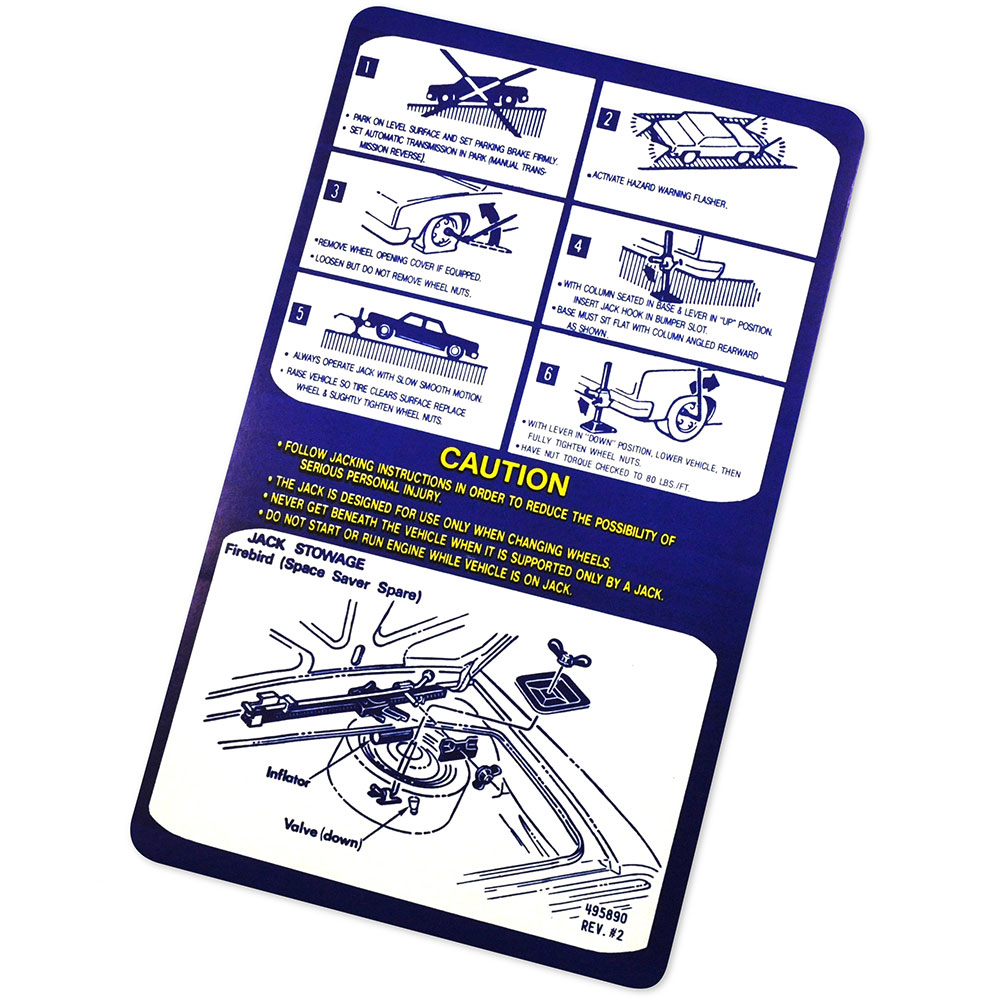 1975 Pontiac Firebird/TransAm JACK INSTRUCTIONS FIREBIRD W/SPACE SAVINGS DECAL GM 495890 EACH | DT0435