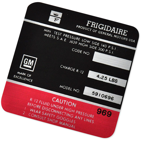 1966 Chevrolet Impala/Caprice/Bel Air FRIGIDAIRE AIR CONDITIONING COMPRESSOR DECAL RED 5910696 | DC0599