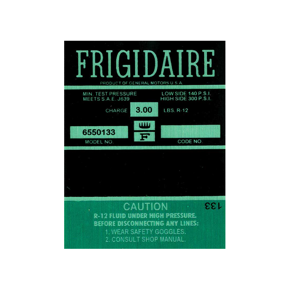 1966 Chevrolet Impala/Caprice/Bel Air DC0741 FRIGIDAIRE AIR CONDITIONING COMPRESSOR DECAL GREEN | DC1900P