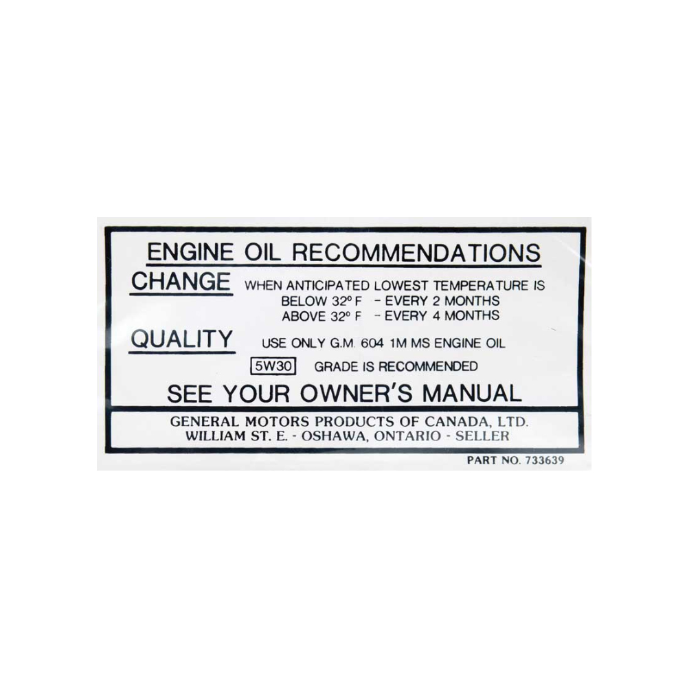 1967 Chevrolet Impala/Caprice/Bel Air DC0982 'CANADA' OIL CHANGE DECAL | DC1902P