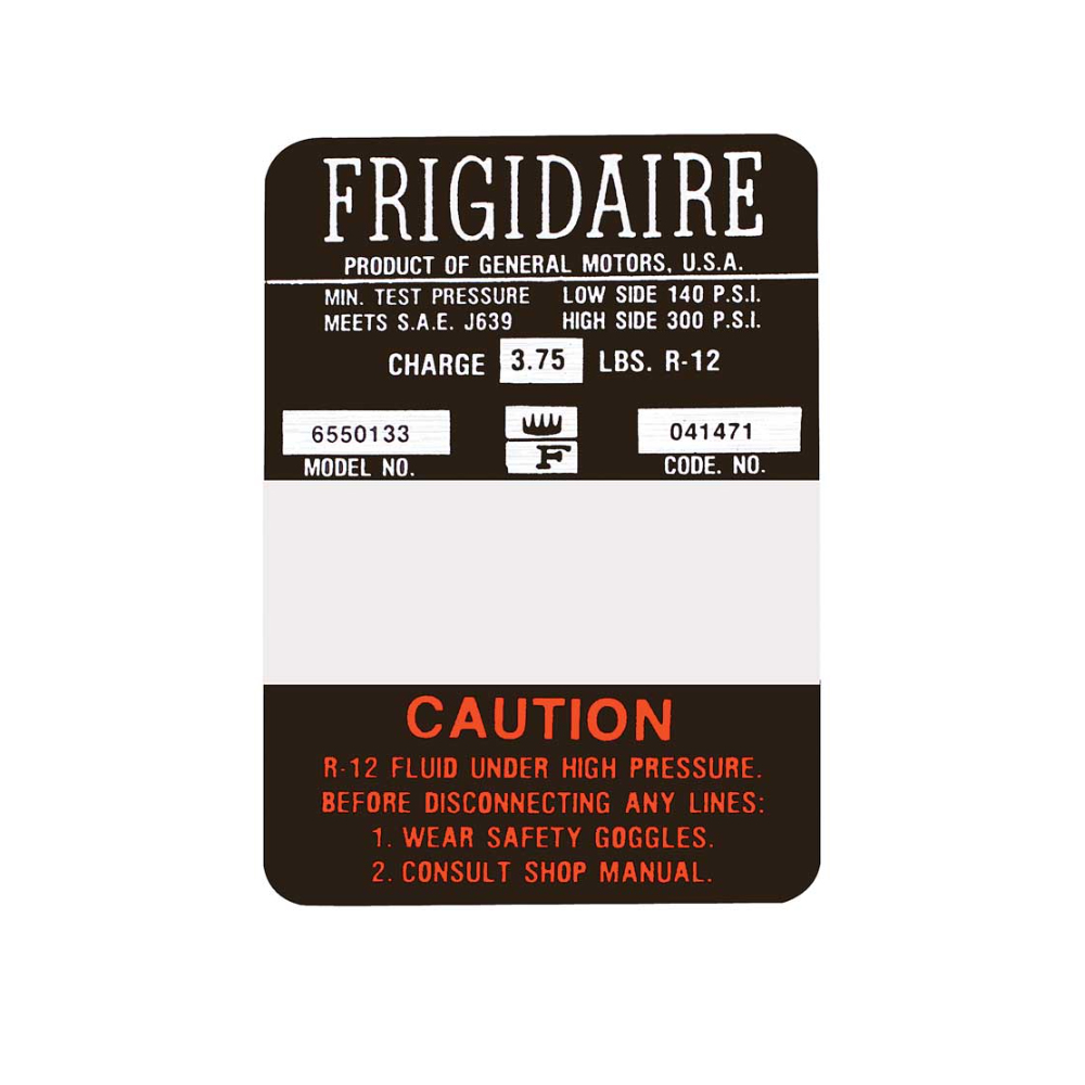 1967 Chevrolet Impala/Caprice/Bel Air BLACK AND ORANGE FRIGIDAIRE AC COMPRESSOR DECAL MODEL #6550133 (DC0733) | DC1904P