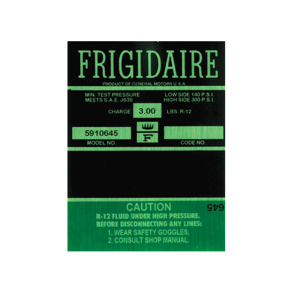 1967 Chevrolet Impala/Caprice/Bel Air DC0740 FRIGIDAIRE AIR CONDITIONER COMPRESSOR DECAL GREEN | DC1906P