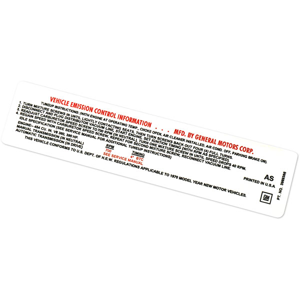 1970 Chevrolet Impala/Caprice/Bel Air 454-390 HP MT EMISSION DECAL AFT 1-70 (DC0442) | DC1985P