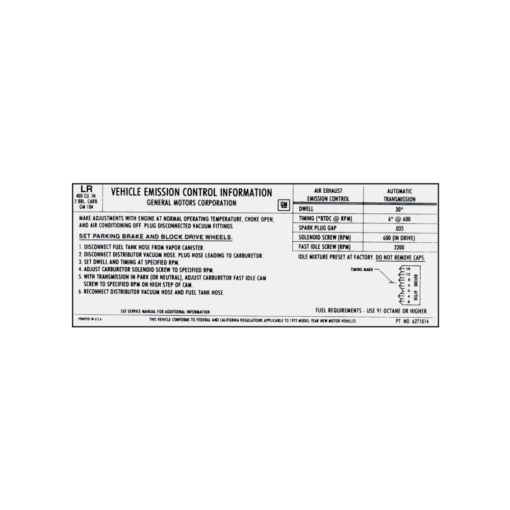 1972 Chevrolet Impala/Caprice/Bel Air 400-2V WITH AUTOMATIC TRANSMISSION AND CALIFORNIA SMOG EMISSIONS DECAL (CODE 