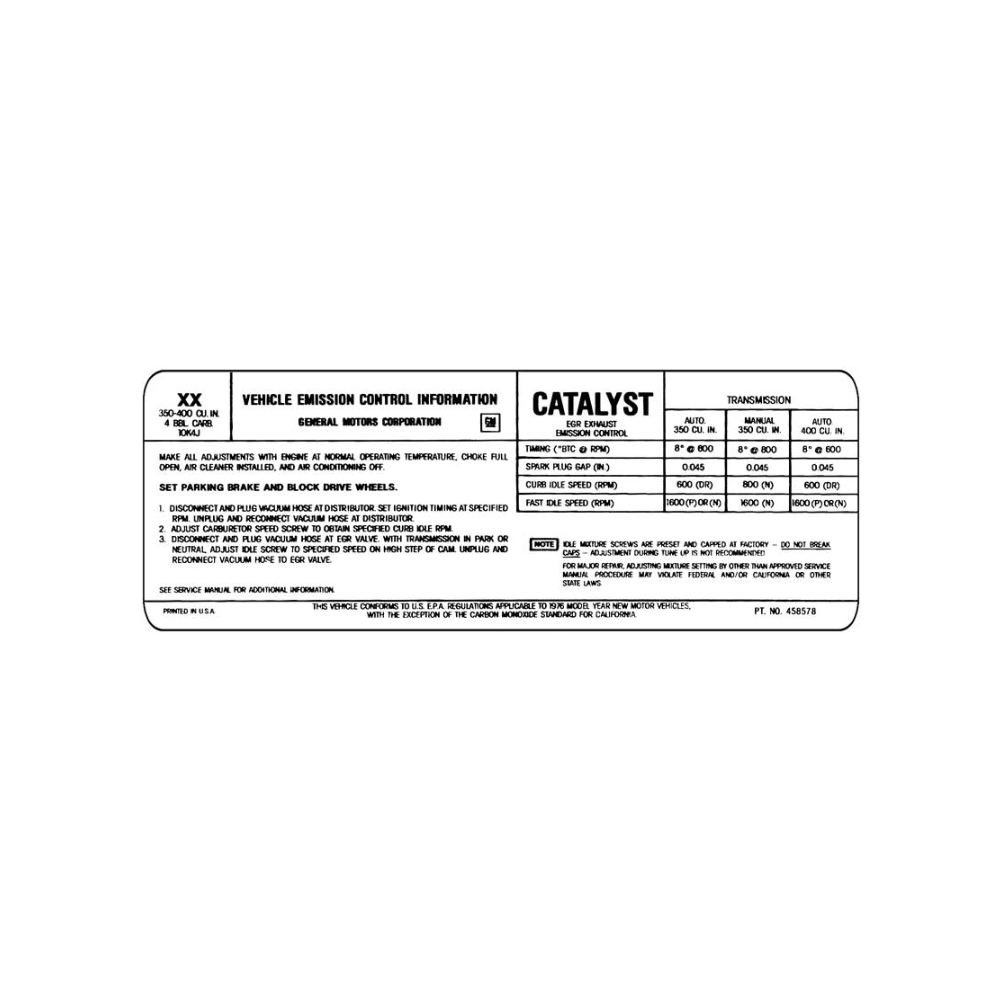 1974 Chevrolet Impala/Caprice/Bel Air DC1149 454-4V AT/MT EMISSION DECAL CAL | DC2036P
