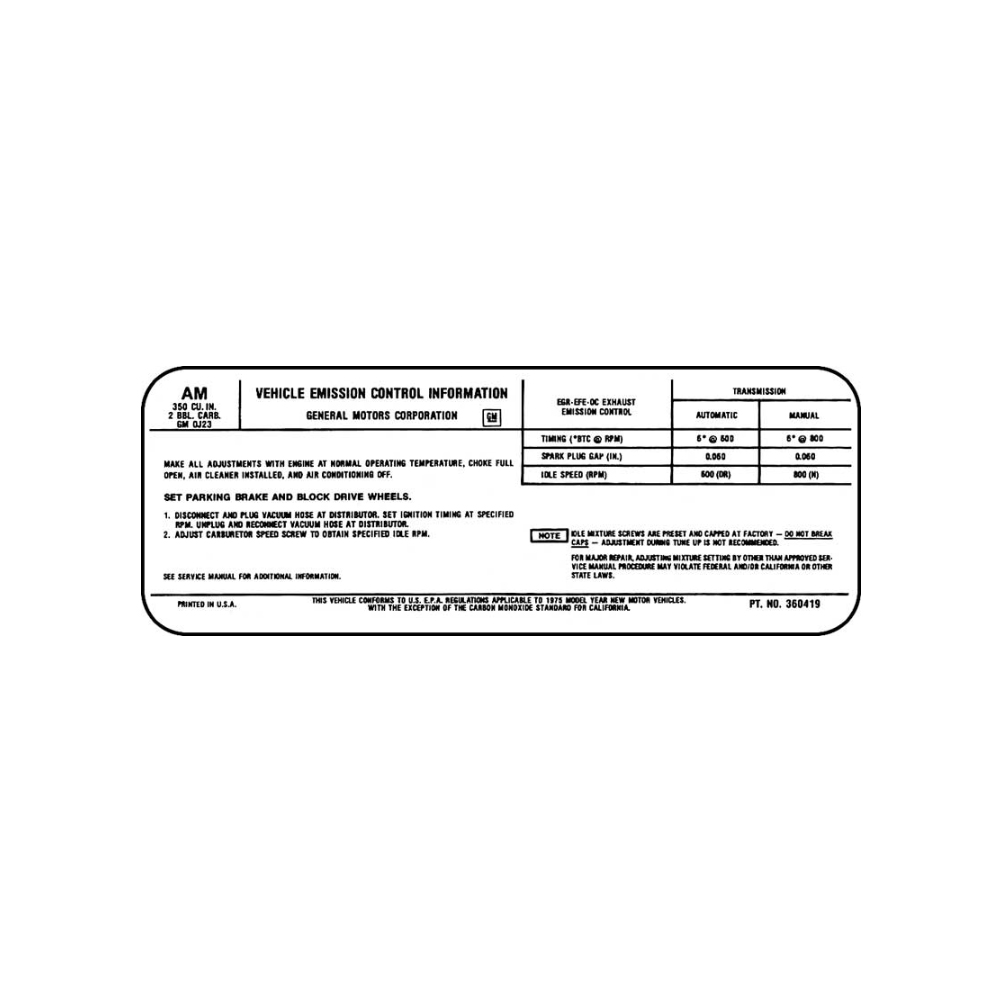 1975 Chevrolet Impala/Caprice/Bel Air 2V WITH AUTO OR MANUAL TRANSMISSION AND FEDERAL SMOG EMISSIONS DECAL (CODE 