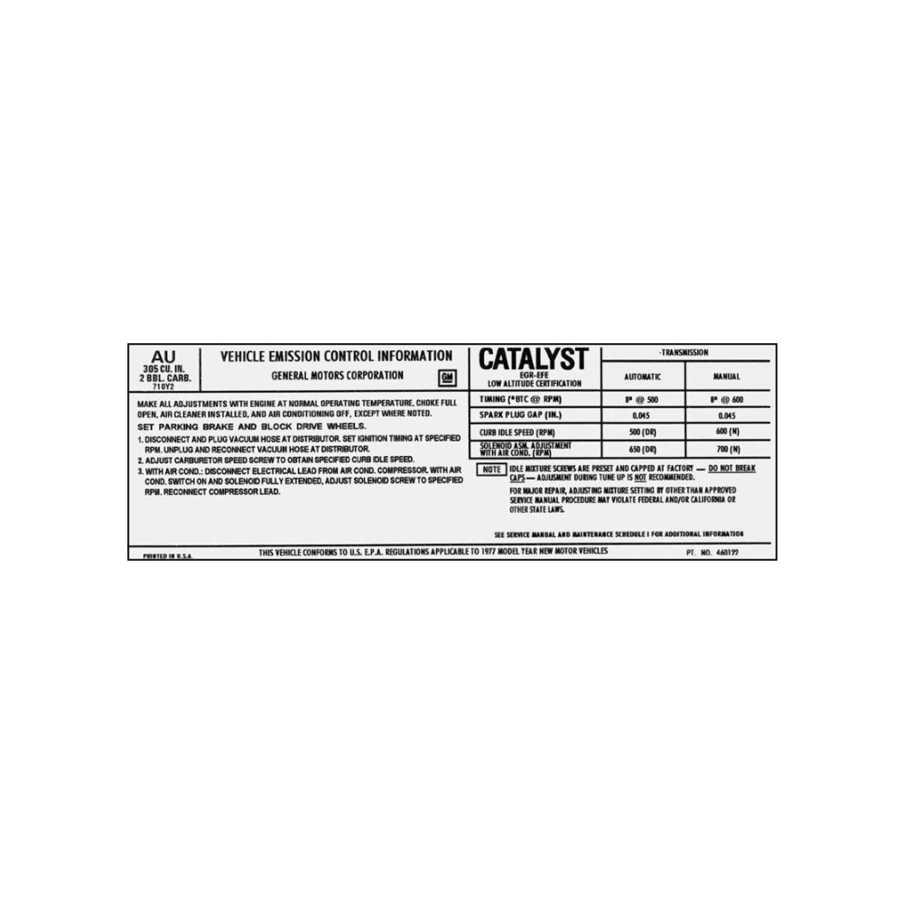 1977 Chevrolet Impala/Caprice/Bel Air 305-2V WITH AUTO OR MANUAL TRANSMISSION AND FEDERAL SMOG EMISSIONS DECAL (CODE 