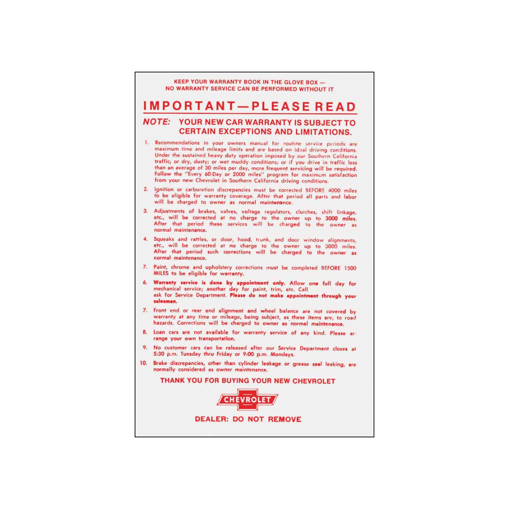 1954 Chevrolet Impala/Caprice/Bel Air DC0362 NEW CAR WARRANTY CARD | DC2071P