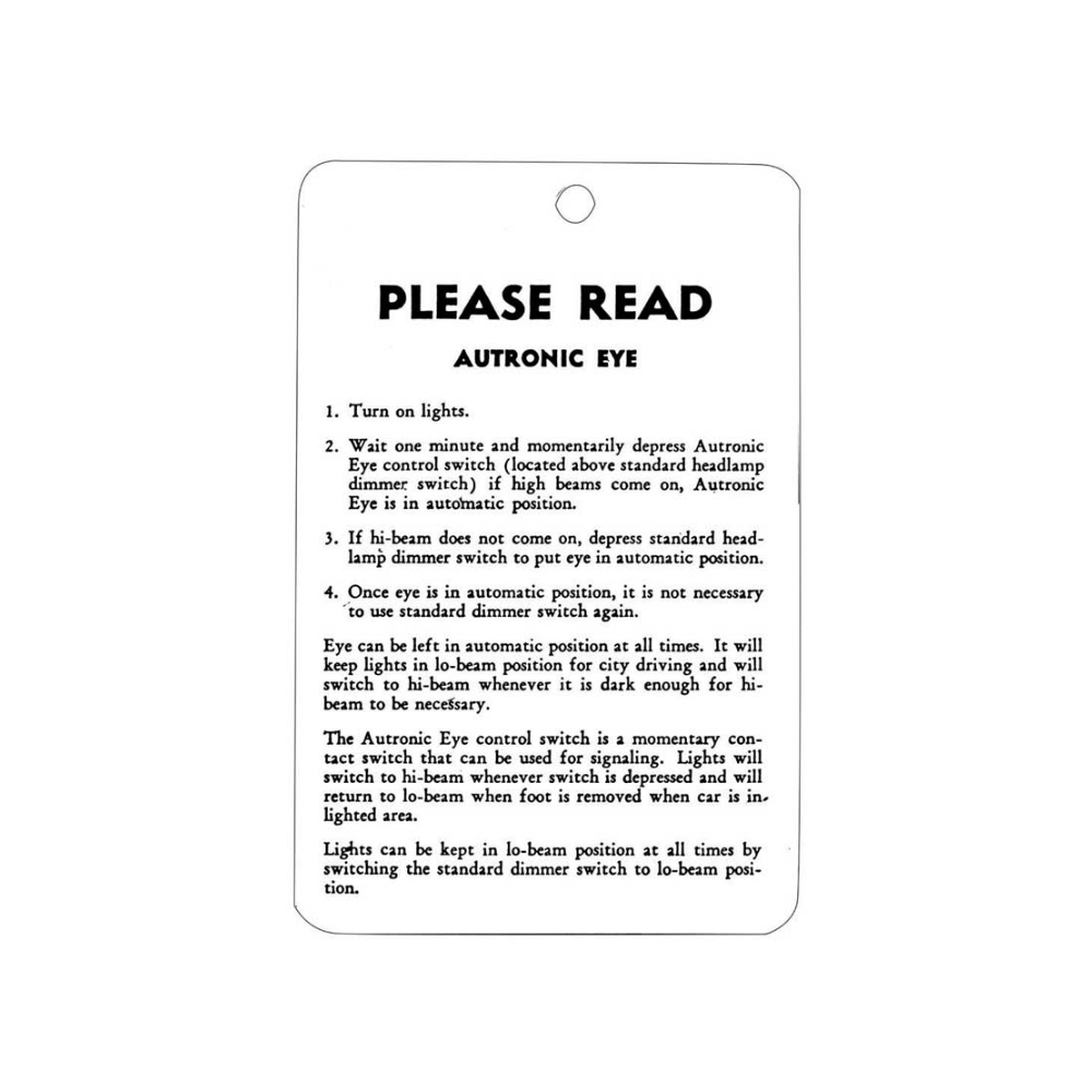 1957 Chevrolet Impala/Caprice/Bel Air DC0308 AUTRONIC EYE INSTRUCTION TAG | DC2075P