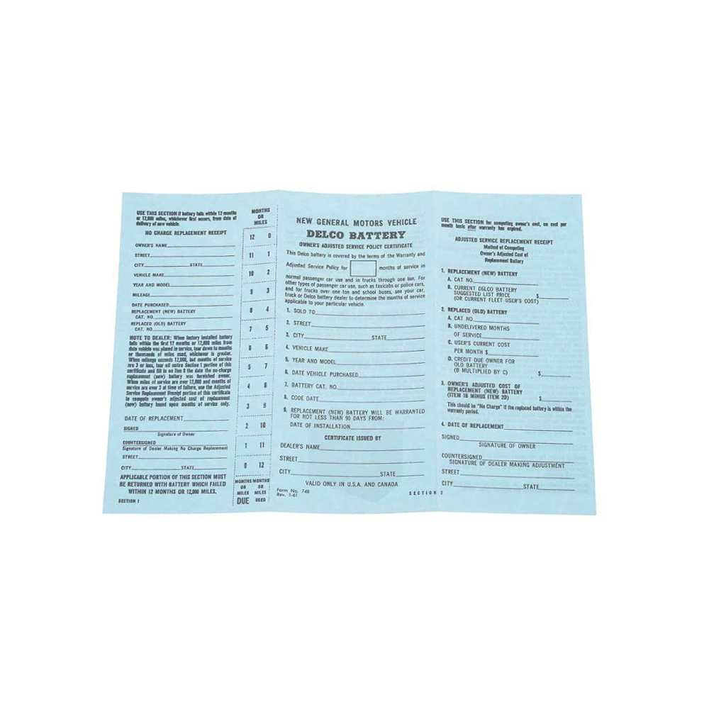 1963 Chevrolet Impala/Caprice/Bel Air DC0694 DELCO BATTERY OWNERS CERT | DC2092P