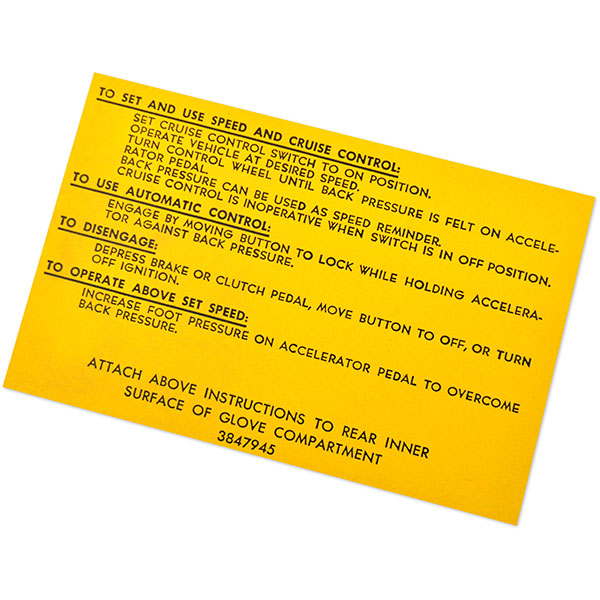 1964 Chevrolet Impala/Caprice/Bel Air CRUISE CONTROL INSTRUCTION DECAL GM 3847945 | DC0544