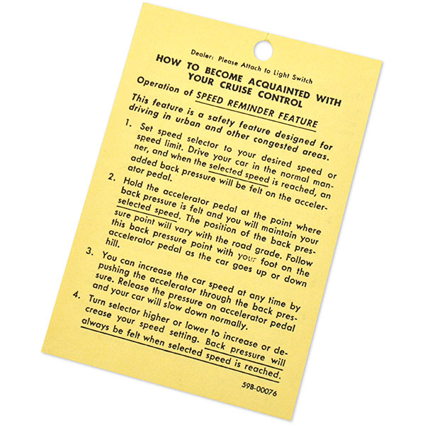 1965 Chevrolet Impala/Caprice/Bel Air CRUISE CONTROL INSTRUCTION TAG 59B-00076 EACH | DC0542