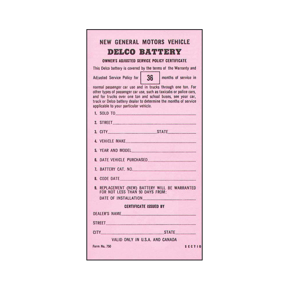 1965 Chevrolet Impala/Caprice/Bel Air DC0695 DELCO BATTERY OWNERS CERT | DC2105P