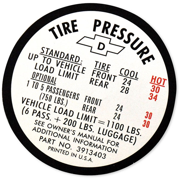 1967 Chevrolet Impala/Caprice/Bel Air GLOVE BOX TIRE PRESSURE DECAL D 3913403 EACH MADE IN THE USA | DC0622