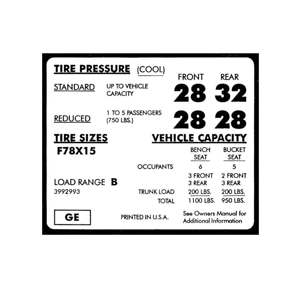 1972 Chevrolet Impala/Caprice/Bel Air F78 X 15 TIRE PRESSURE DECAL (DC1146) | DC2126P