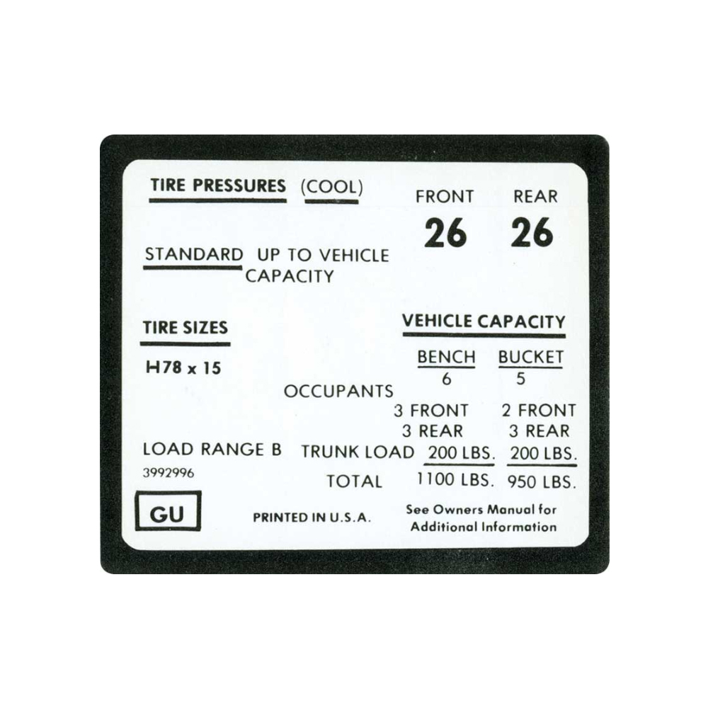 1972 Chevrolet Impala/Caprice/Bel Air DC0506 72 DOOR TIRE PRESSURE DECAL H78X15 | DC2129P