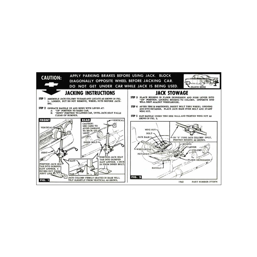 1960 Chevrolet Impala/Caprice/Bel Air SEDAN / HARDTOP / CONVERTIBLE JACK STOWAGE AND JACKING INSTRUCTIONS DECAL (DC0160) | DC2145P