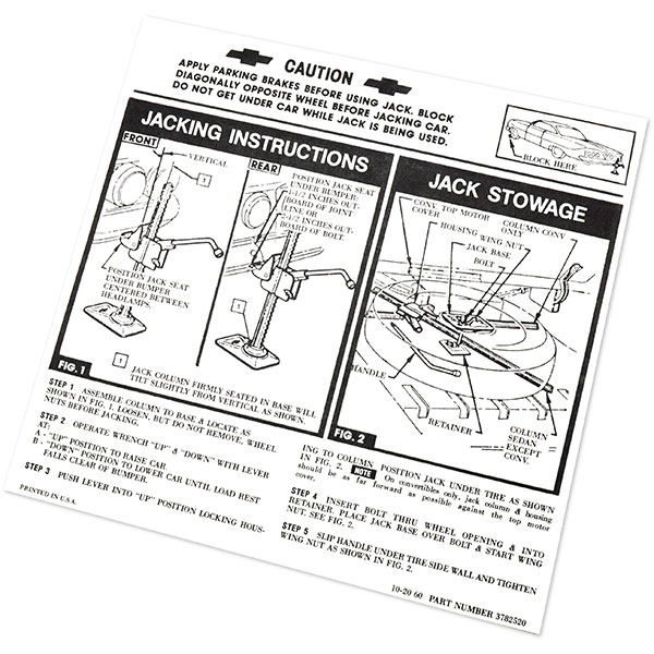 1961 Chevrolet Impala/Caprice/Bel Air JACK INSTRUCTION CHEVY SEDAN / CONVERTIBLE / HARDTOP 3782520 EACH | DC0161