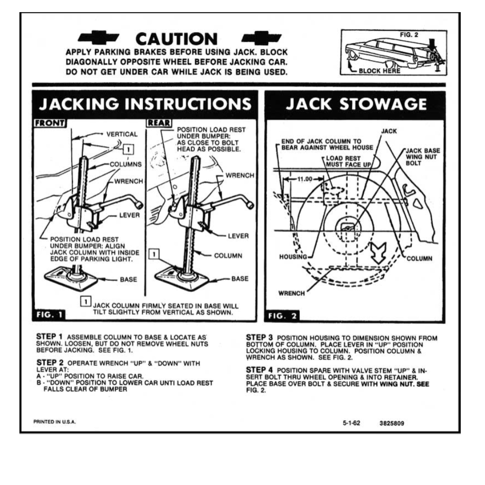 1963 Chevrolet Impala/Caprice/Bel Air DC0782 JACK INSTRUCTION STATION WAGON | DC2152P