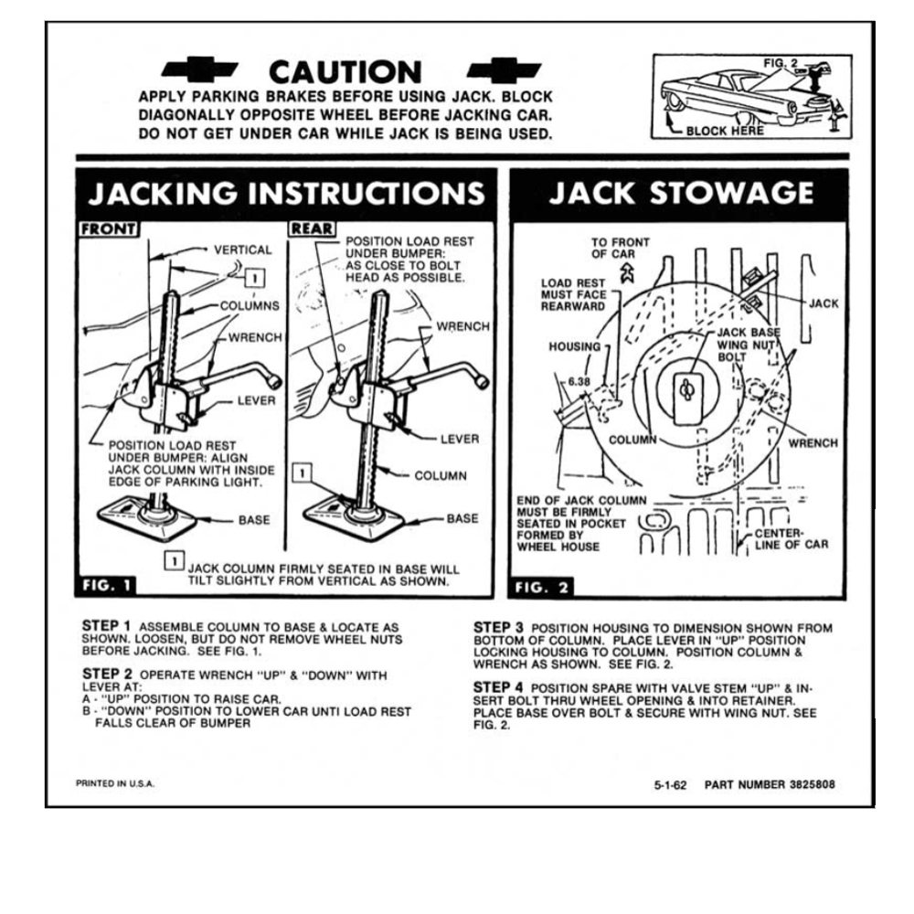 1963 Chevrolet Impala/Caprice/Bel Air DC0783 JACK INSTRUCTION SEDAN/HDTP | DC2153P