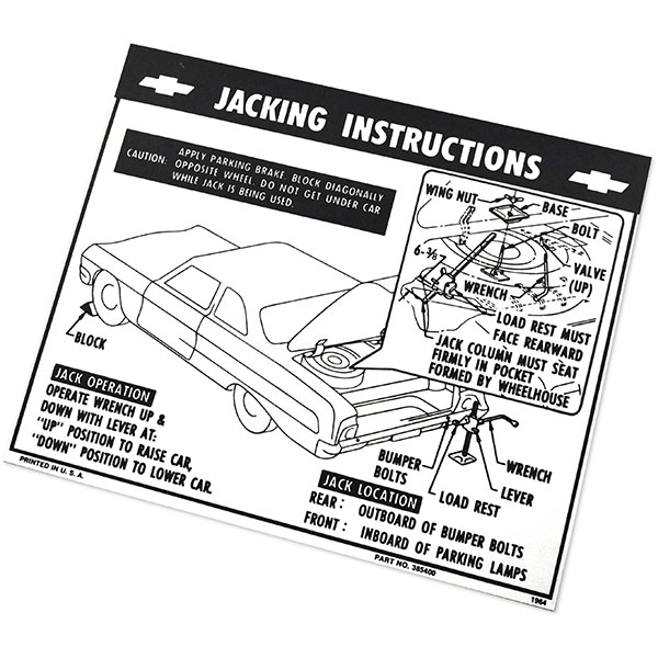 1964 Chevrolet Impala/Caprice/Bel Air JACK INSTRUCTION SEDAN / HARDTOP 385400 EACH | DC0164