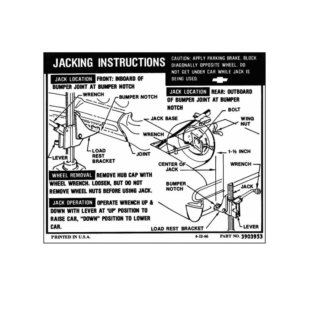 1968 Chevrolet Impala/Caprice/Bel Air EARLY 1968 SEDAN / HARDTOP JACK STOWAGE AND JACKING INSTRUCTIONS DECAL (DC0288) | DC2164P
