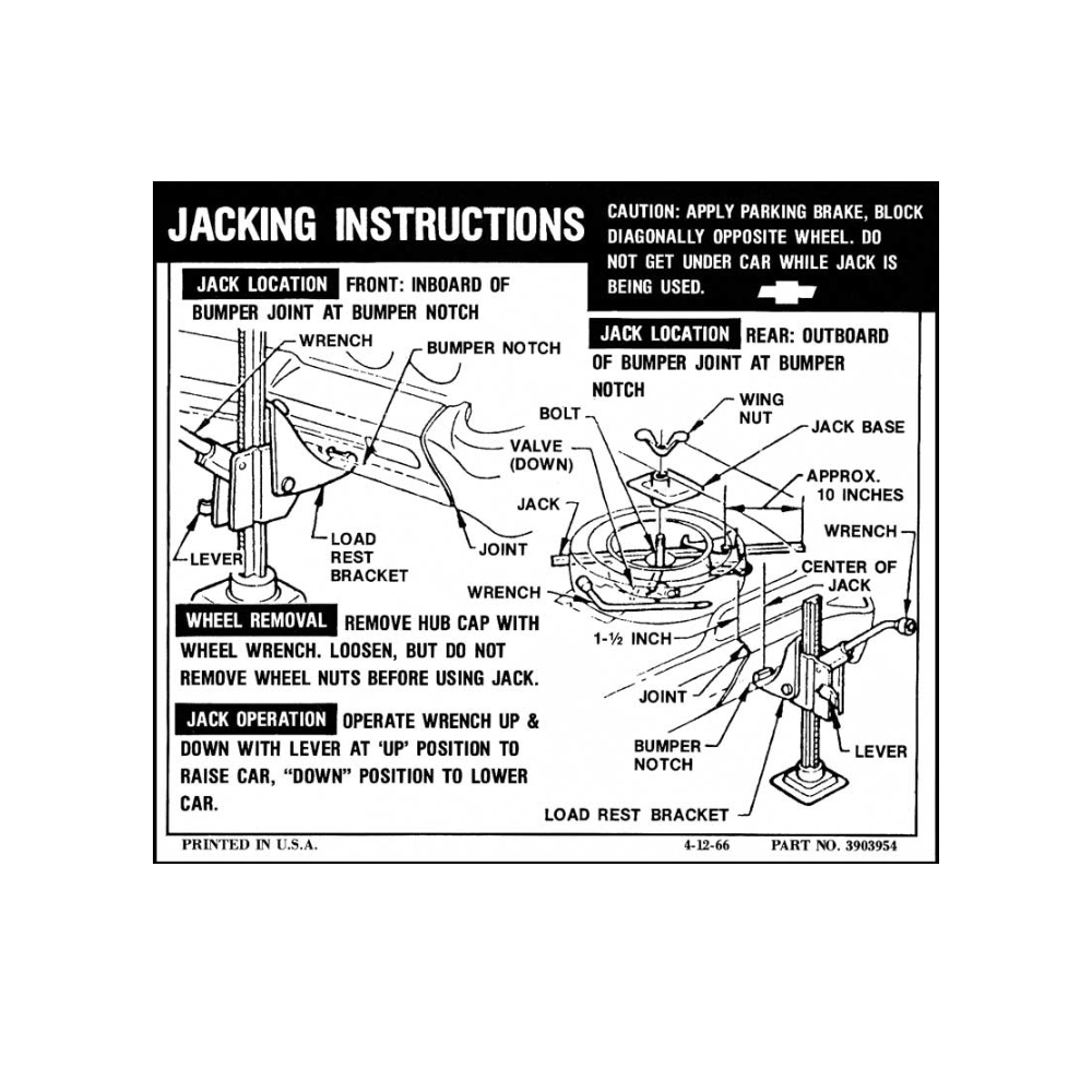 1967 Chevrolet Impala/Caprice/Bel Air CONVERTIBLE JACK STOWAGE AND JACKING INSTRUCTIONS DECAL (DC0418) | DC2165P
