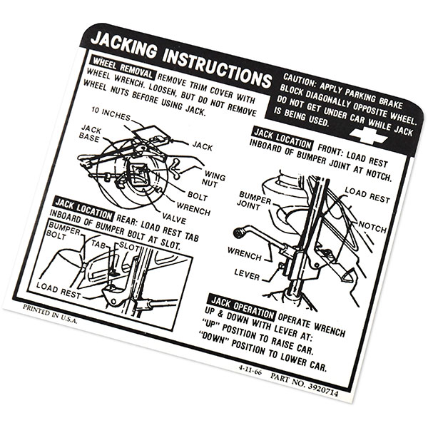 1968 Chevrolet Impala/Caprice/Bel Air JACK INSTRUCTIONS DECAL SEDAN/HDTP (LATE 68 ONLY) (DC0420) | DC2169P