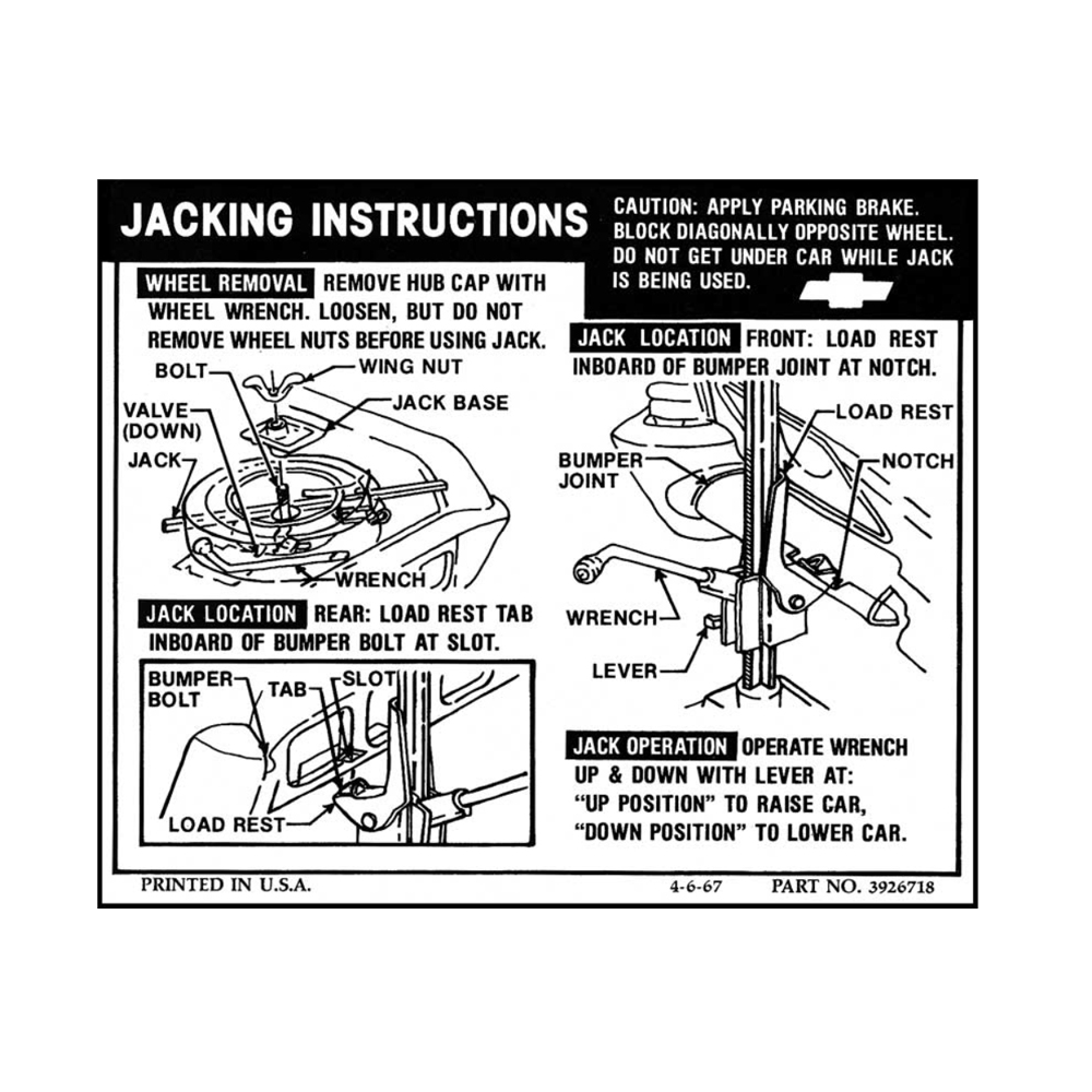 1968 Chevrolet Impala/Caprice/Bel Air DC0854 JACK INSTRUCTION CONVERTIBLE | DC2170P