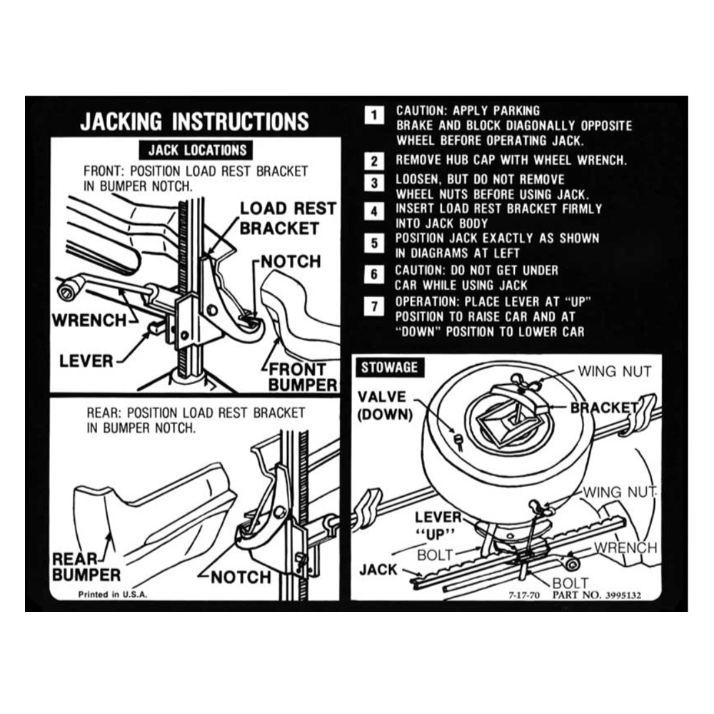 1971 Chevrolet Impala/Caprice/Bel Air SEDAN / HARDTOP JACK STOWAGE AND JACKING INSTRUCTIONS DECAL (DC0691) | DC2175P
