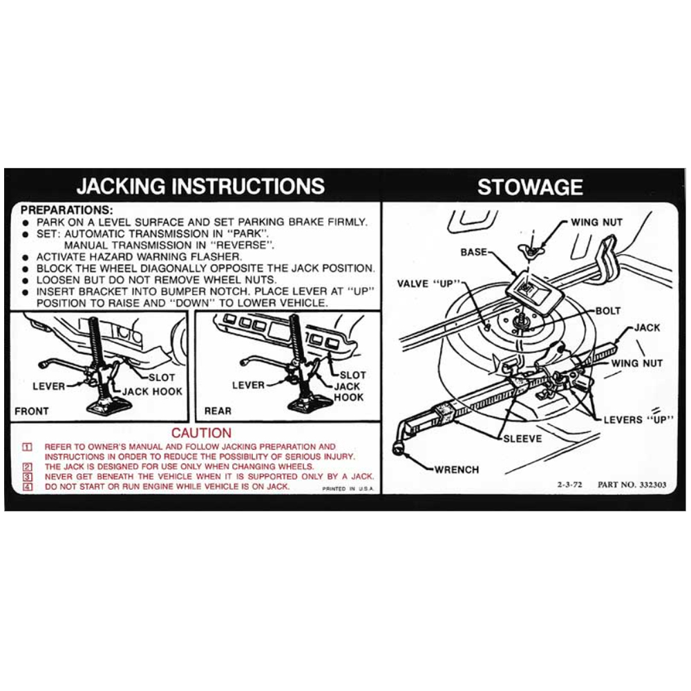 1973 Chevrolet Impala/Caprice/Bel Air SEDAN / HARDTOP JACK STOWAGE AND JACKING INSTRUCTIONS DECAL (DC0517) | DC2179P