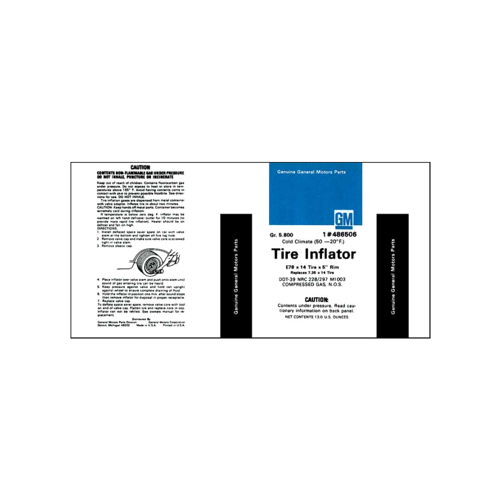 1976 Chevrolet Impala/Caprice/Bel Air TIRES SPACE SAVER TIRE INFLATOR DECAL WITH E78X14