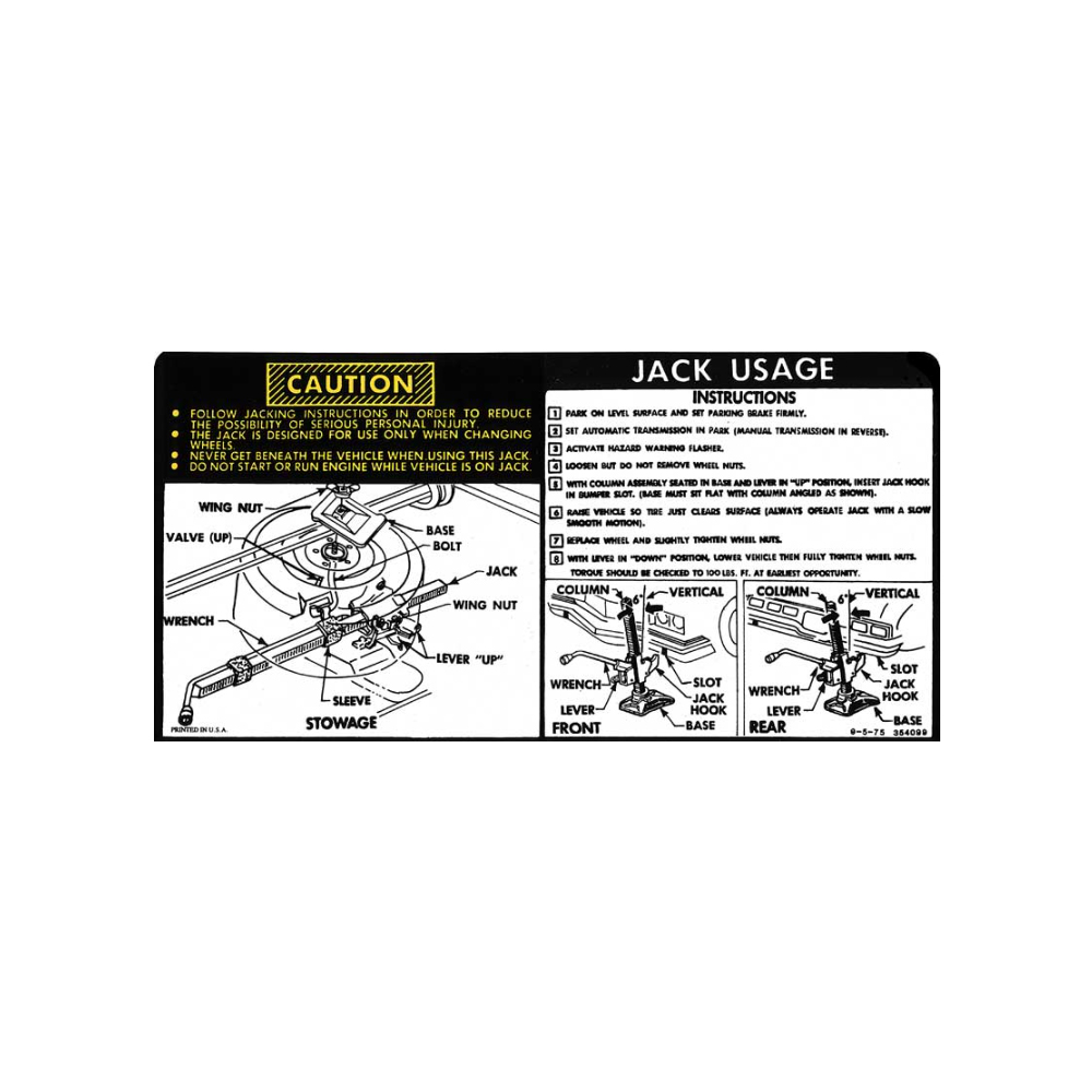 1975 Chevrolet Impala/Caprice/Bel Air SEDAN / HARDTOP JACK STOWAGE AND JACKING INSTRUCTIONS DECAL (DC0688) | DC2183P