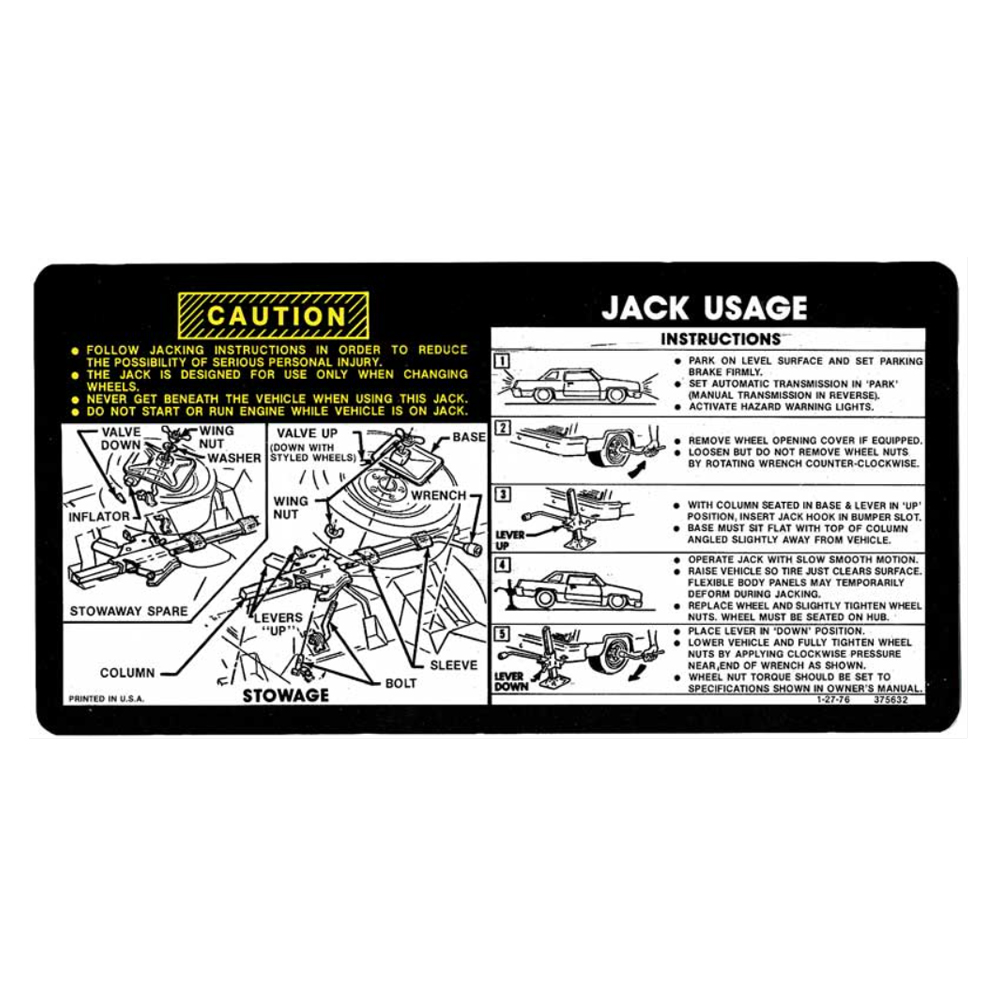 1977 Chevrolet Impala/Caprice/Bel Air REGULAR & SPACE SAVER) SEDAN/HARDTOP JACK STOWAGE AND JACKING INSTRUCTIONS DECAL (DC0832) | DC2184P