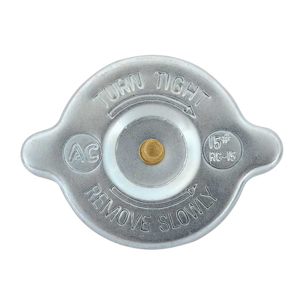 1970 Pontiac GTO/LeMans/Tempest FACTORY STYLE RADIATOR CAP FOR USE WITHOUT COOLANT OVERFLOW RESERVOIR RC-15 (STAMPED WRITING SAYS TURN TIGHT REMOVE SLOWLY WITH DIRECTIONAL ARROWS AND AC 15# RC-15, FLAT BRASS RIVET, HAS 2 EARS, SILVER CAD PLATING) RATED AT 15LBS | CS1650Z