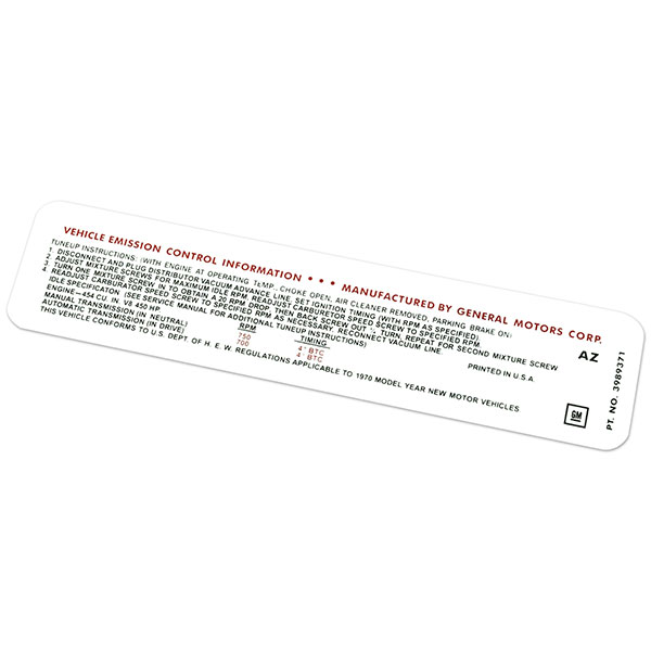 1970 Chevrolet Chevelle/Malibu 454/450 HP AT/MT EMISSION DECAL - LATE AZ | DC2065V