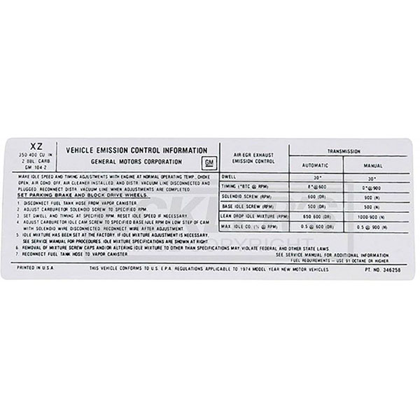 1975 Chevrolet El Camino 350-2V AT/MT US EMISSION DECAL XZ (DC0828) MADE IN THE USA | DC2205C
