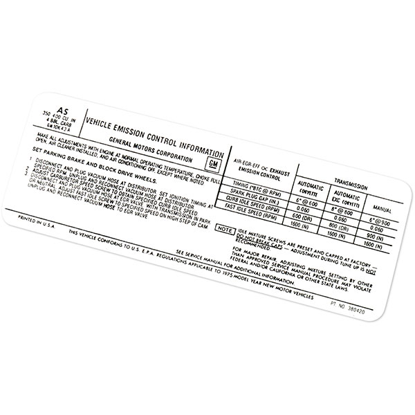 1975 Chevrolet El Camino 350-4V AT/MT EMISSION DECAL A-B AS360420 EACH | DC0590