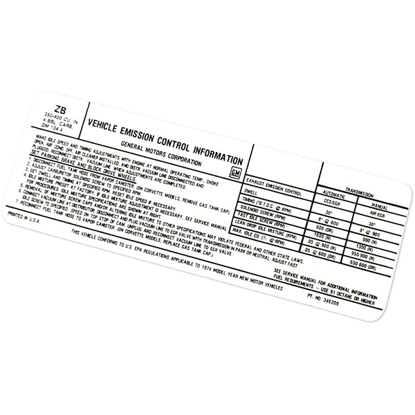 1975 Chevrolet El Camino 350-4V 400-4V AT/MT EMISSION DECAL ZB346209 EACH MADE IN THE USA | DC0588