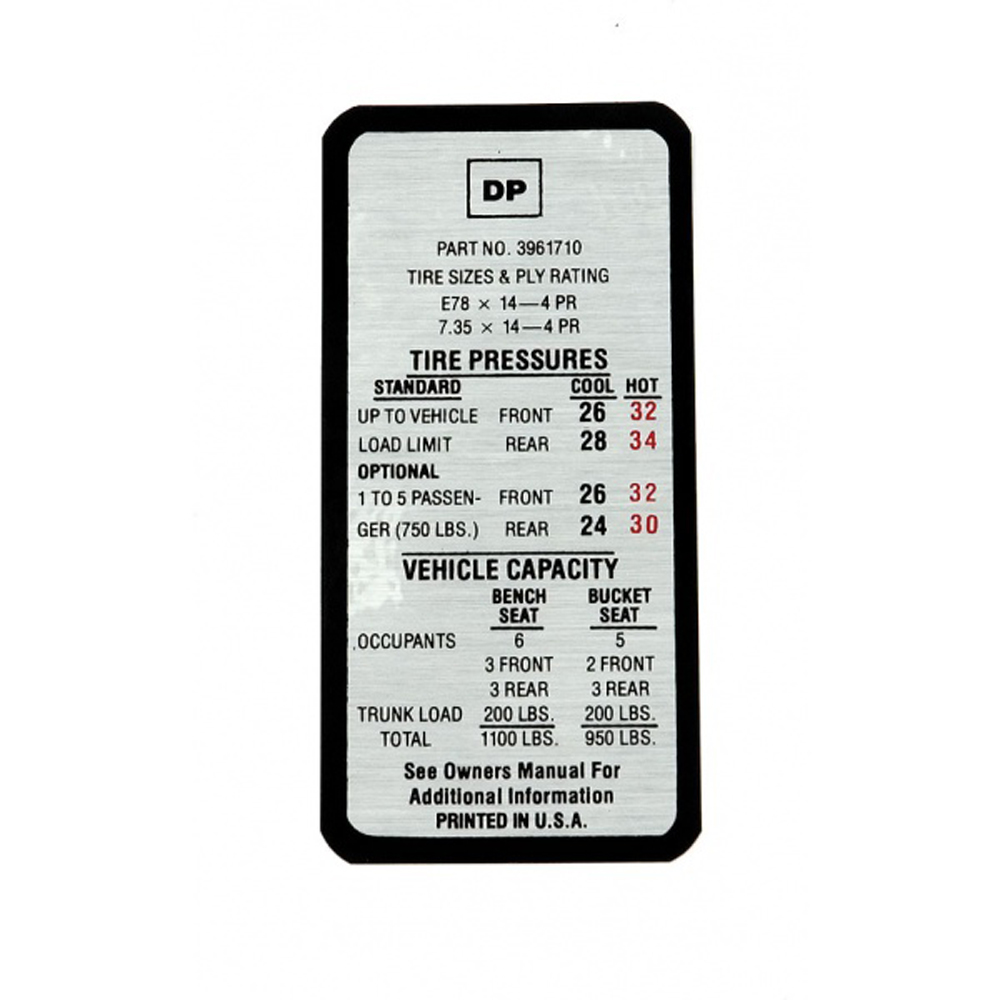 1969 Chevrolet Chevelle/Malibu TIRE PRESSURE DECAL REGULAR DC0411 | DC0411