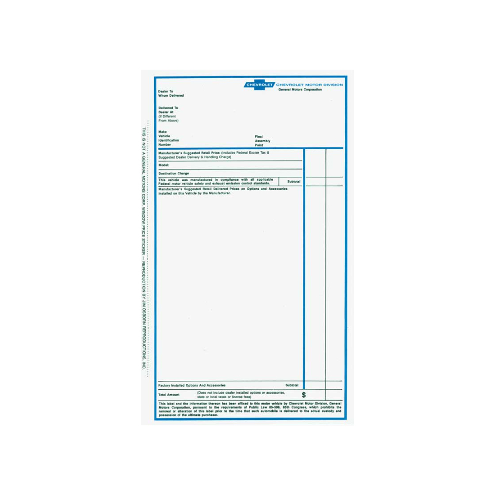 1968 Chevrolet El Camino NEW VEHICLE RETAIL WINDOW PRICE STICKER (DC0879) | DC2423C