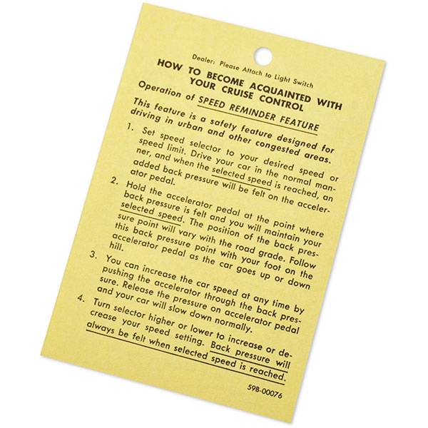 1967 Chevrolet El Camino CRUISE CONTROL INSTRUCTION TAG DC0408 | DC0408