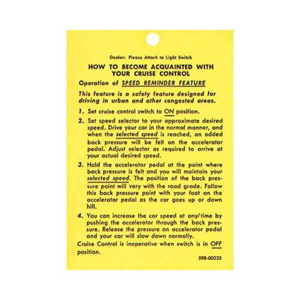1974 Chevrolet El Camino CRUISE CONTROL INSTRUCTION TAG DC0543 MADE IN THE USA | DC2460Z