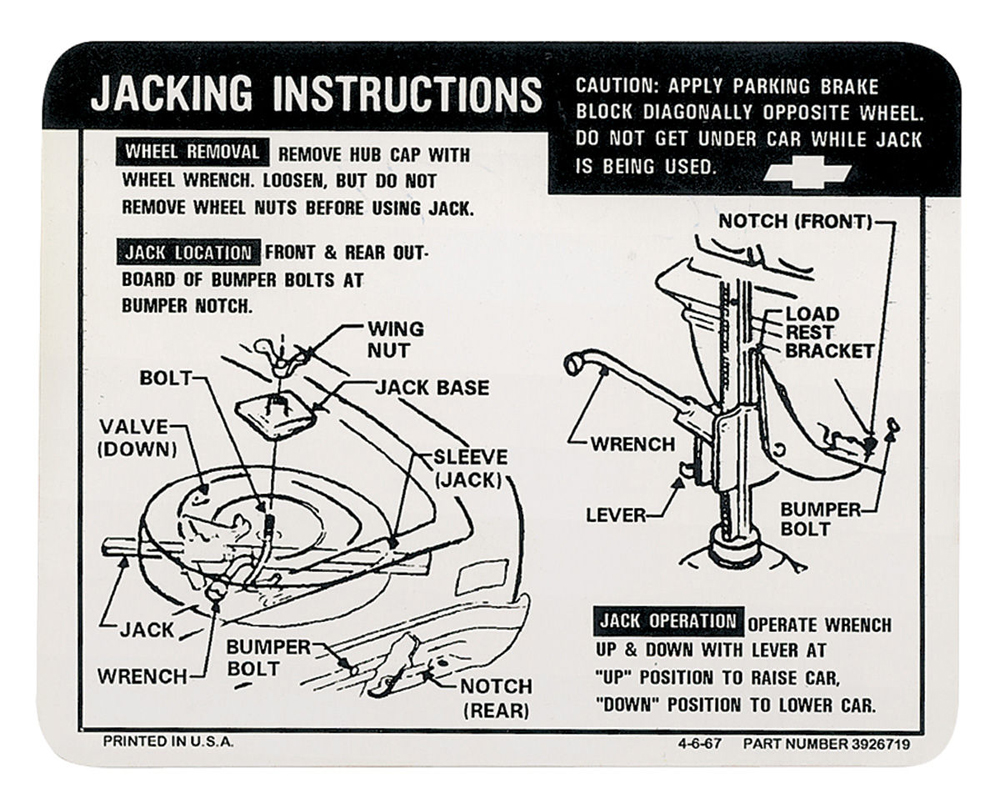 1968 Chevrolet Chevelle/Malibu JACK INSTRUCTION SEDAN/CONV - EXC SS 3926719 (DC0346) | DC2238V